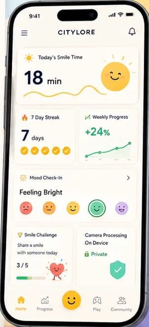 Citylore: on-device facial recognition for a wellbeing habit. — mobile app screen 1