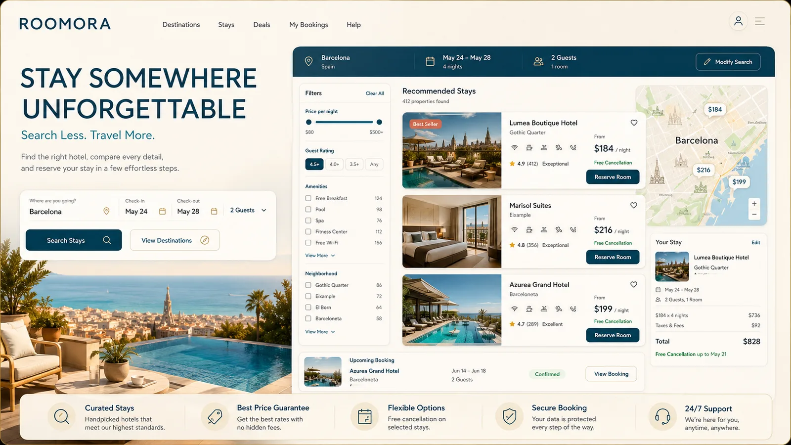 Roomora: global hotel reservations. — product interface